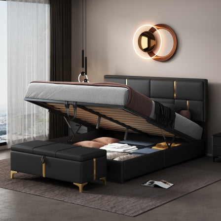 Black Queen 2-Pc Set: Upholstered Hydraulic Storage Bed & Ottoman