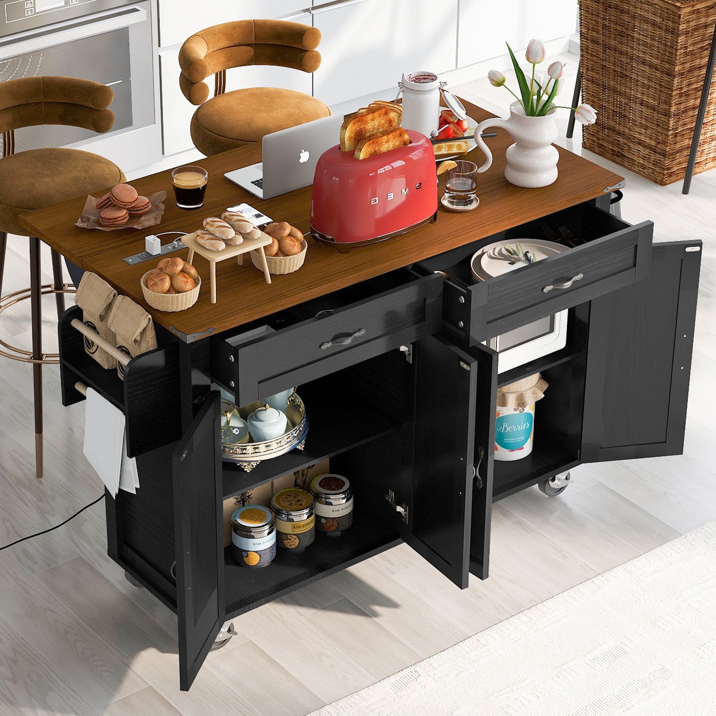 53.5" Farmhouse Kitchen Island with Drop Leaf & Power Outlet