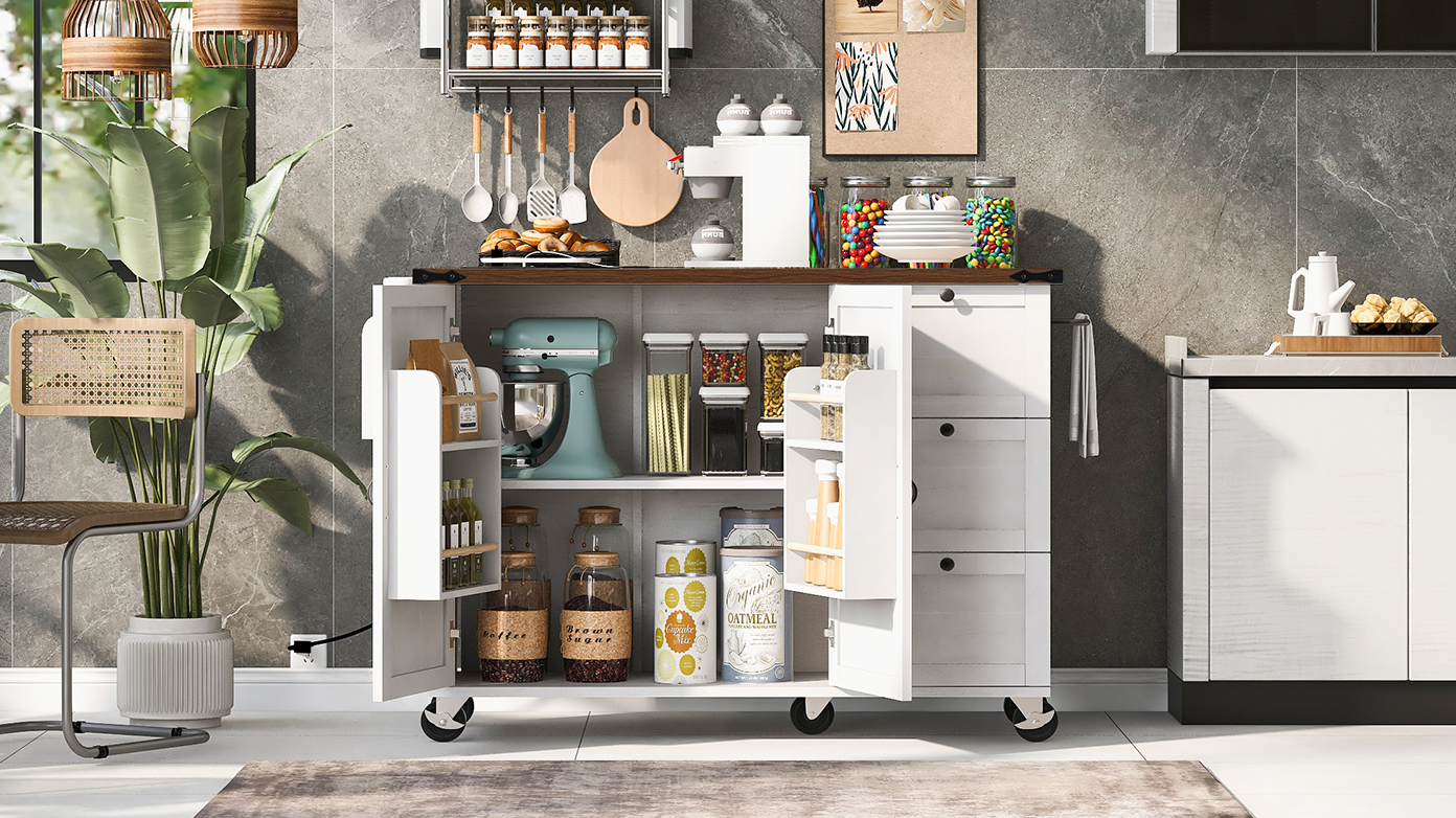 54.5" Farmhouse Kitchen Island – Drop Leaf, Power Outlet, Storage Racks, Rolling Cart-white
