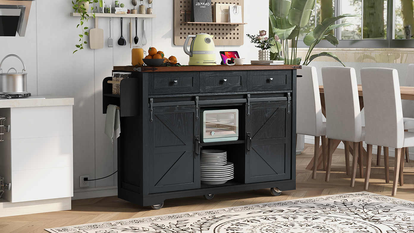 Black Rolling Kitchen Cart - 53.7" Island with Barn Doors & Storage