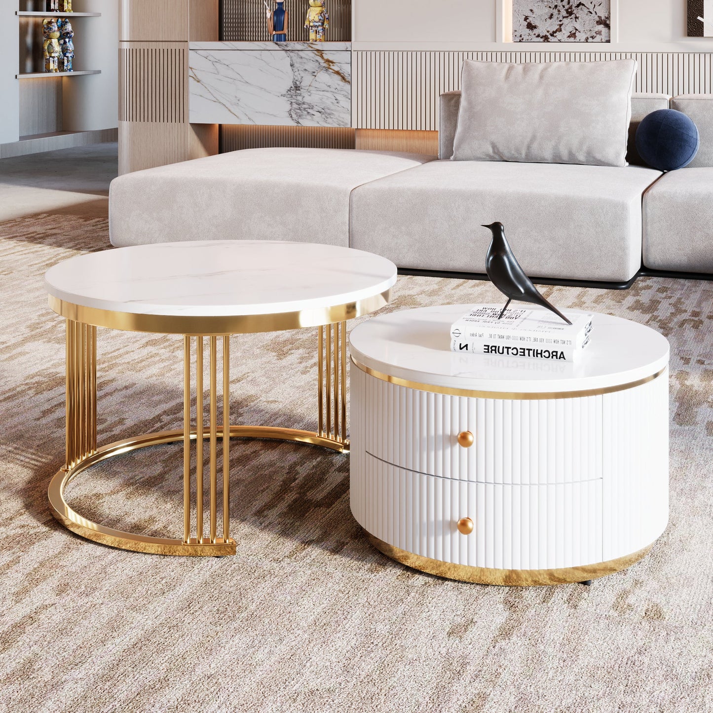Modern 2 Pieces White Round Nesting Coffee Table with Drawers in 27.6''