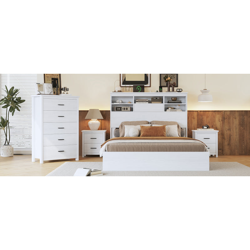 4-Pieces Bedroom Sets Queen Size Vintage Wooden Bed Frame with 2 Nightstands and 1 Dresser, White
