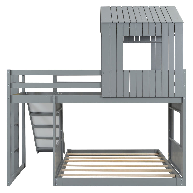 Wooden Twin Over Full Bunk Bed with Slide & Ladder – Farmhouse Playhouse Design