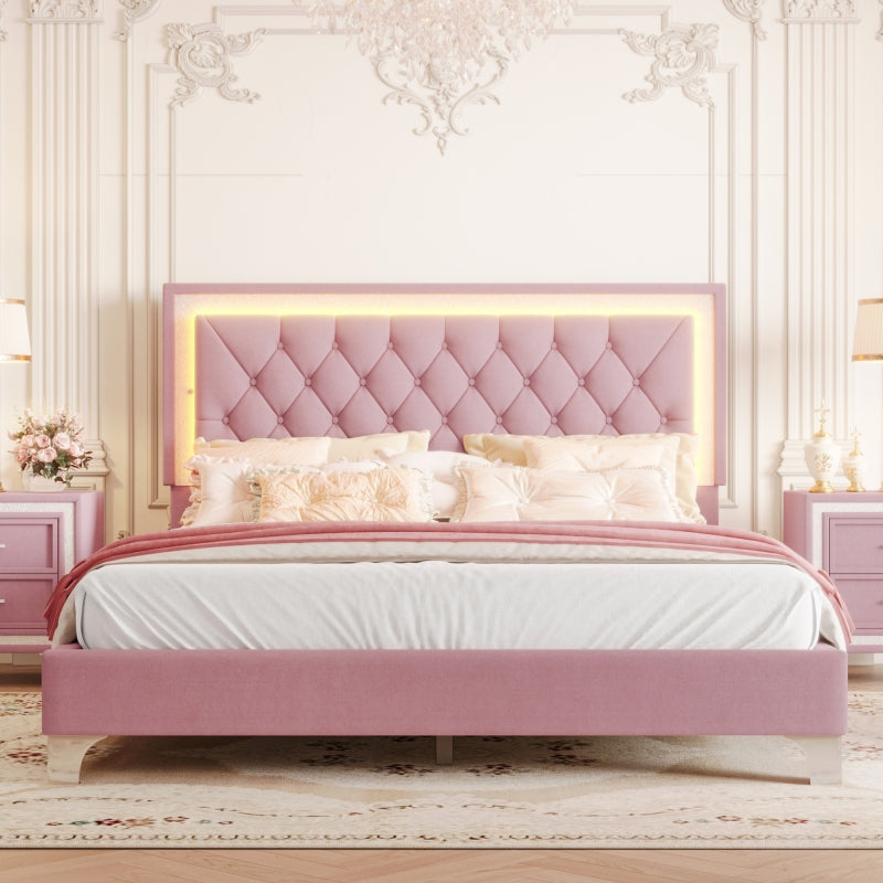 Modern Queen Upholstered Bed Set w/ LED Headboard & Nightstands