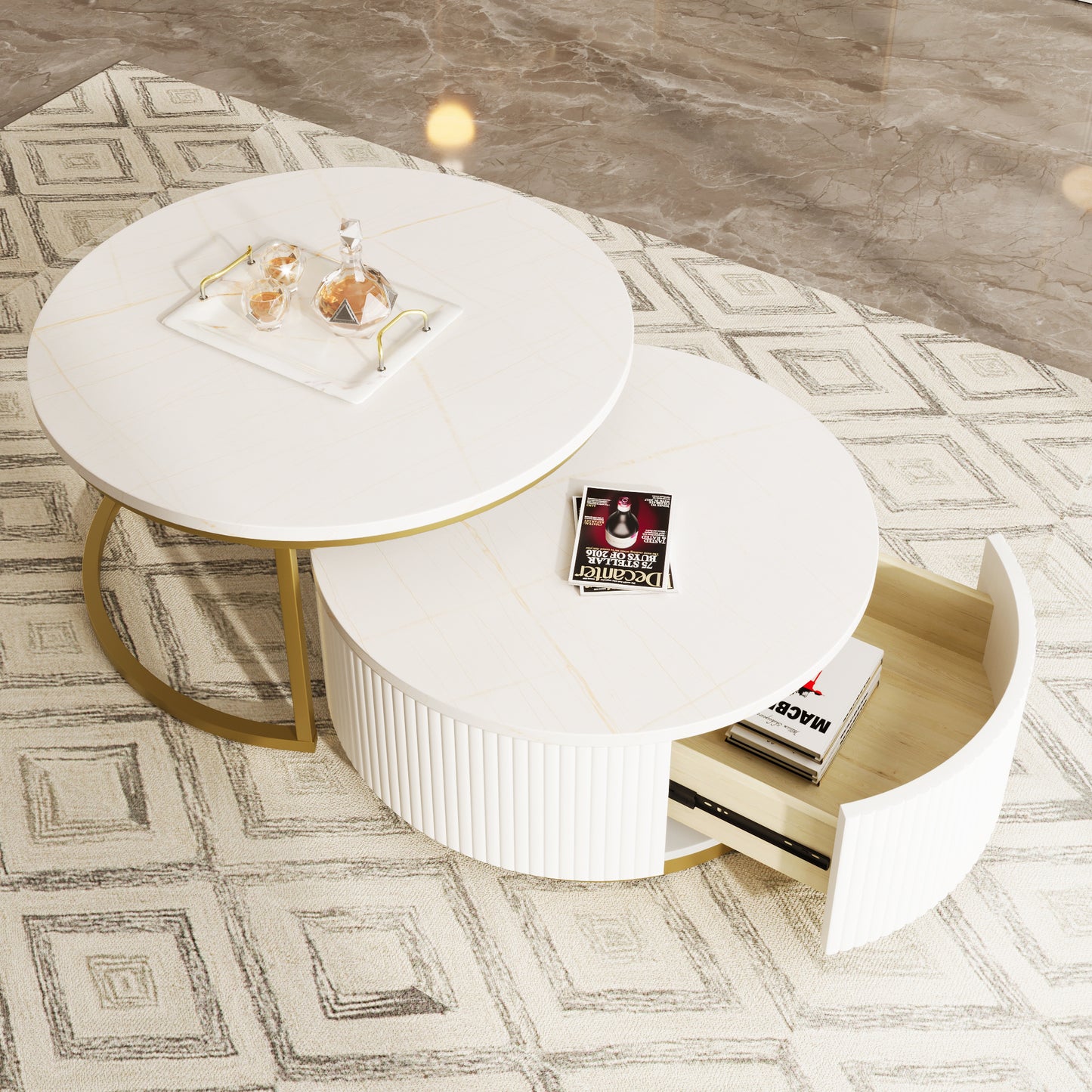 27.6" Round Nesting Coffee Table | Fluted, White & Gold with Drawer