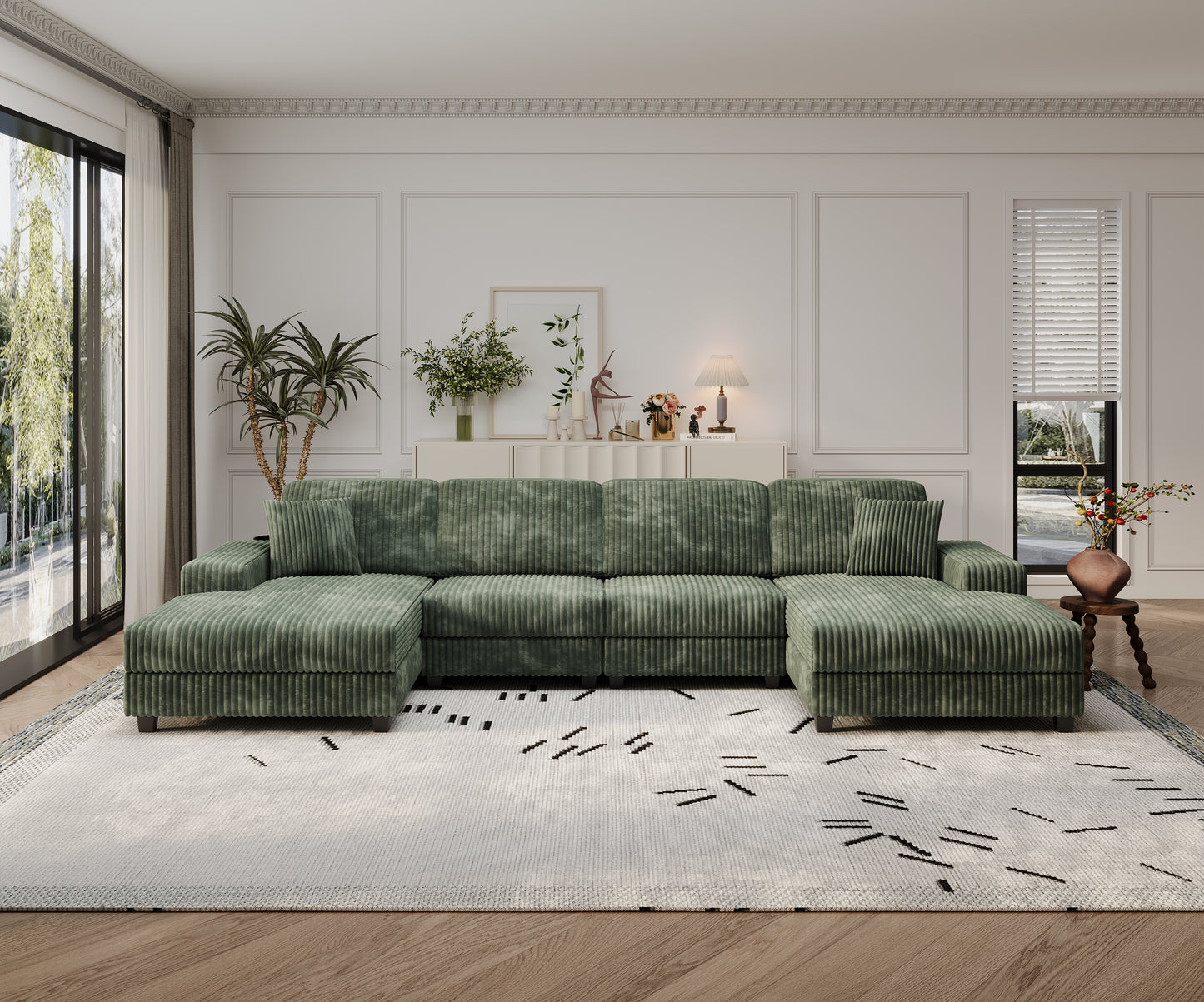 U-Shaped 4 Seat Corduroy Sectional Sofa, Green