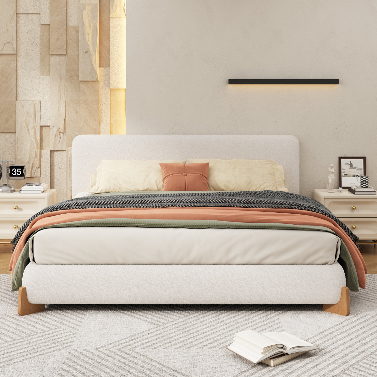 Modern King White Boucle Upholstered Bed: Luxury Platform Bed Frame