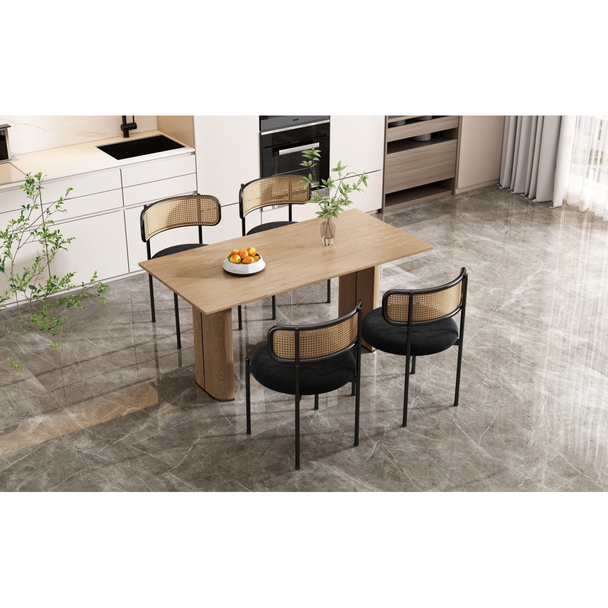 Set of 4 Velvet Dining Chairs with Rattan Backrest | Black