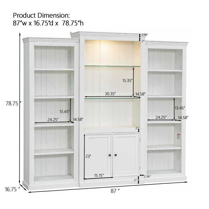 79" Tall LED Bookcase Display Cabinet - 3-Piece Retro Bookshelf with Glass Shelves, White