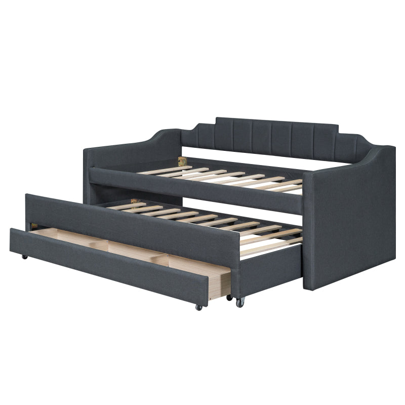 Twin Size Upholstered Daybed with Trundle and Three Drawers,Gray
