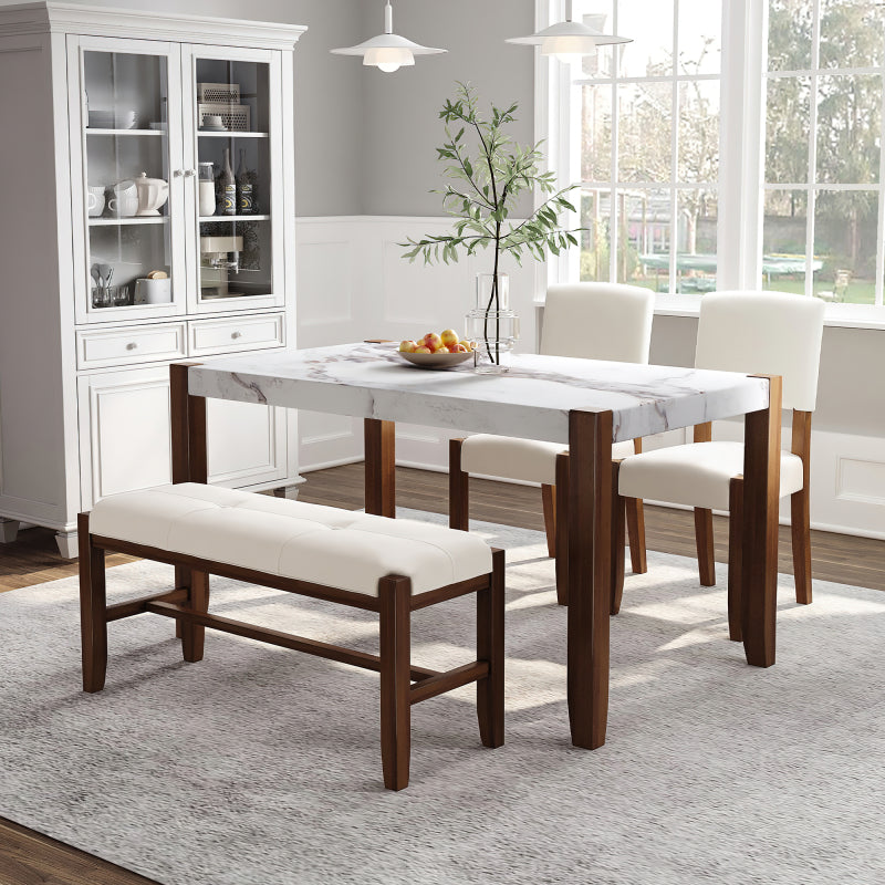 4-Piece Modern Dining Set - Faux Marble Table with 2 Chairs & Bench