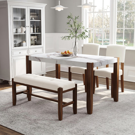 4-Piece Modern Dining Set - Faux Marble Table with 2 Chairs & Bench