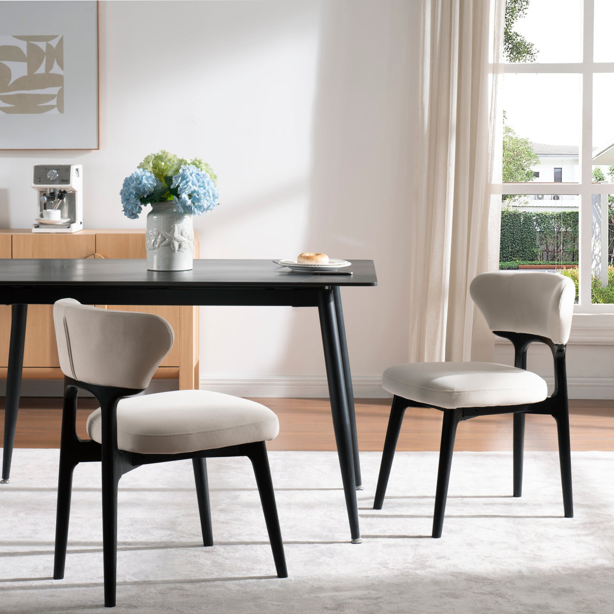 Set of 2 Solid Wood Dining Chairs | Black Upholstered, Curved Back