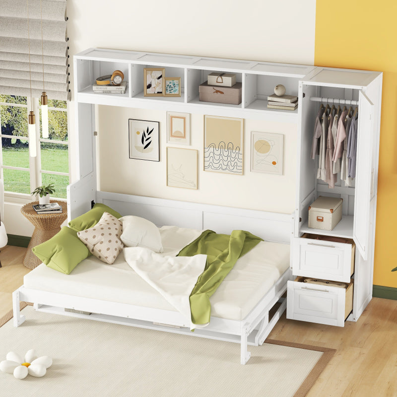 Murphy Bed with Closet & Drawers – Queen Size, White