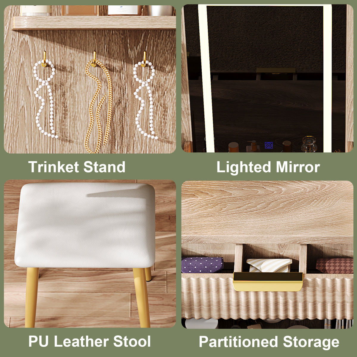 7-Drawer Vanity Desk: LED Mirror, Carved Details, Stool & Jewelry Storage