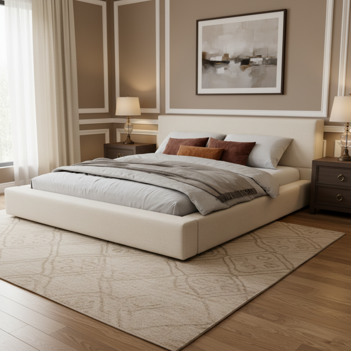 King Upholstered Platform Bed | Beige Linen Headboard & Footboard