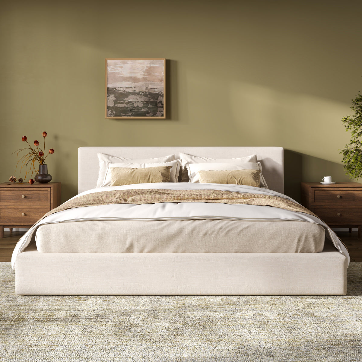 King Upholstered Platform Bed | Beige Linen Headboard & Footboard