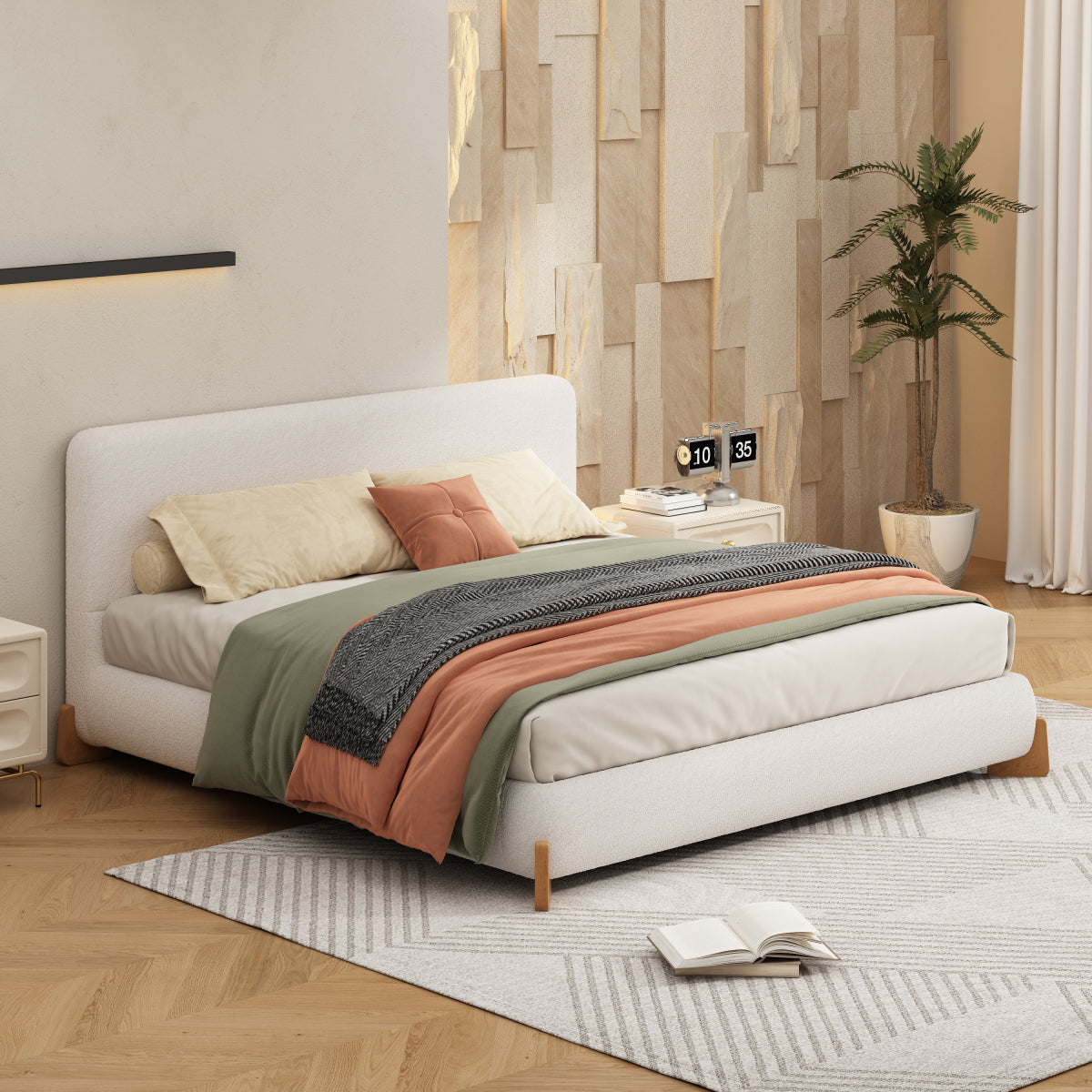 Modern King White Boucle Upholstered Bed: Luxury Platform Bed Frame