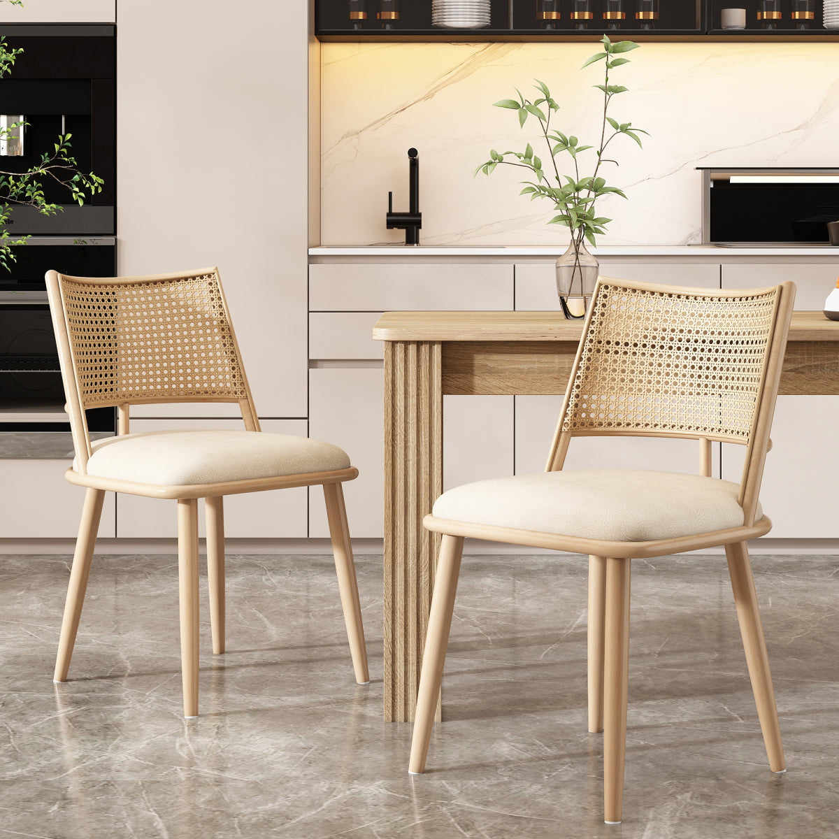 Set of 2 Modern PU Dining Chairs with Rattan Backrest