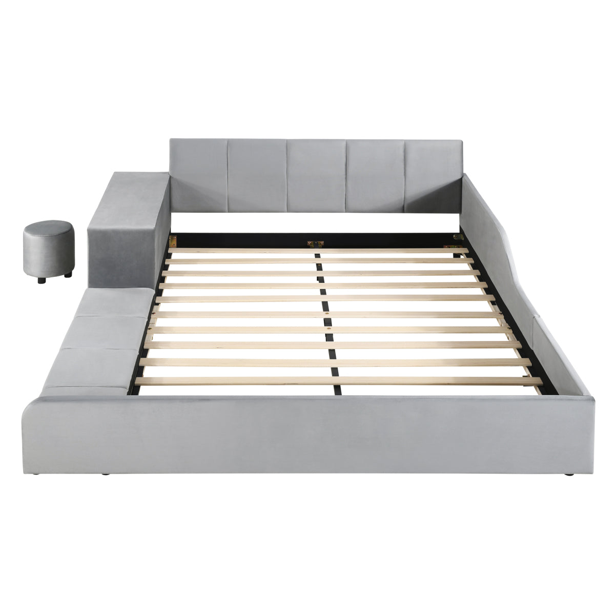 Queen Velvet Grounded Bed with Bedside Desk & Round Stool