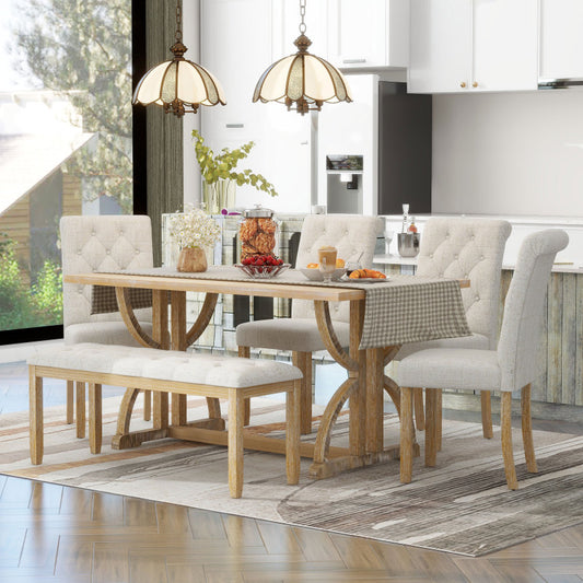 6-Piece Retro Dining Set - Table with 4 Chairs & Bench, Natural Wood