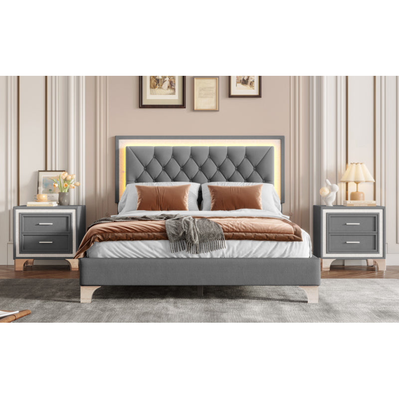 Modern Queen Upholstered Bed Set w/ LED Headboard & Nightstands