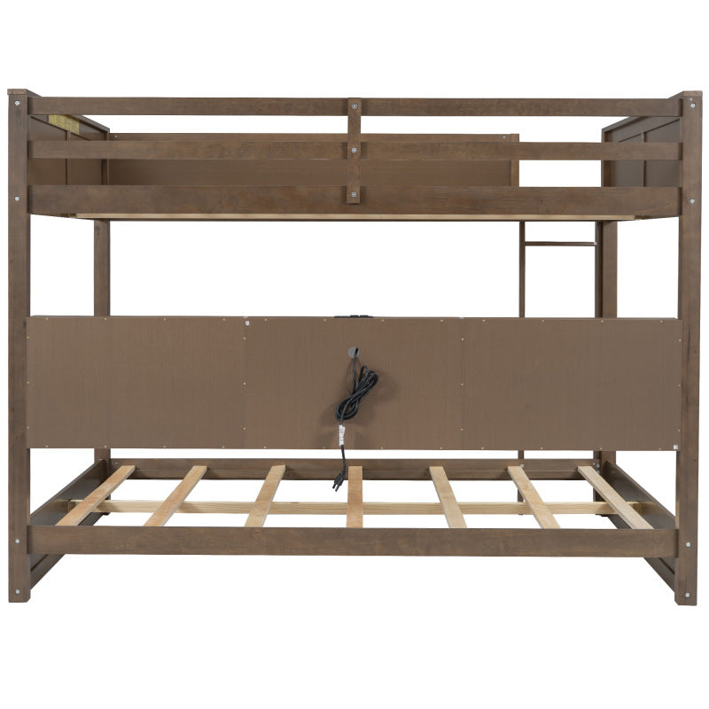 Antique Wood Queen Bunk Bed with Storage & USB Ports