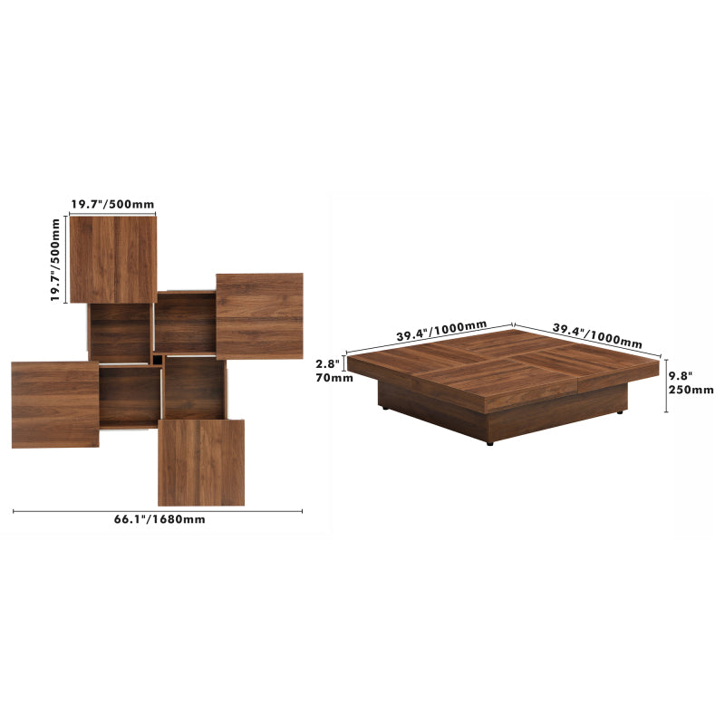 Square Veneer Coffee Table Sliding Top with Storage in Walnut 39.4''