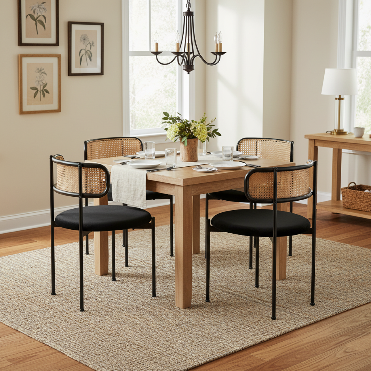 Set of 4 Velvet Dining Chairs with Rattan Backrest | Black