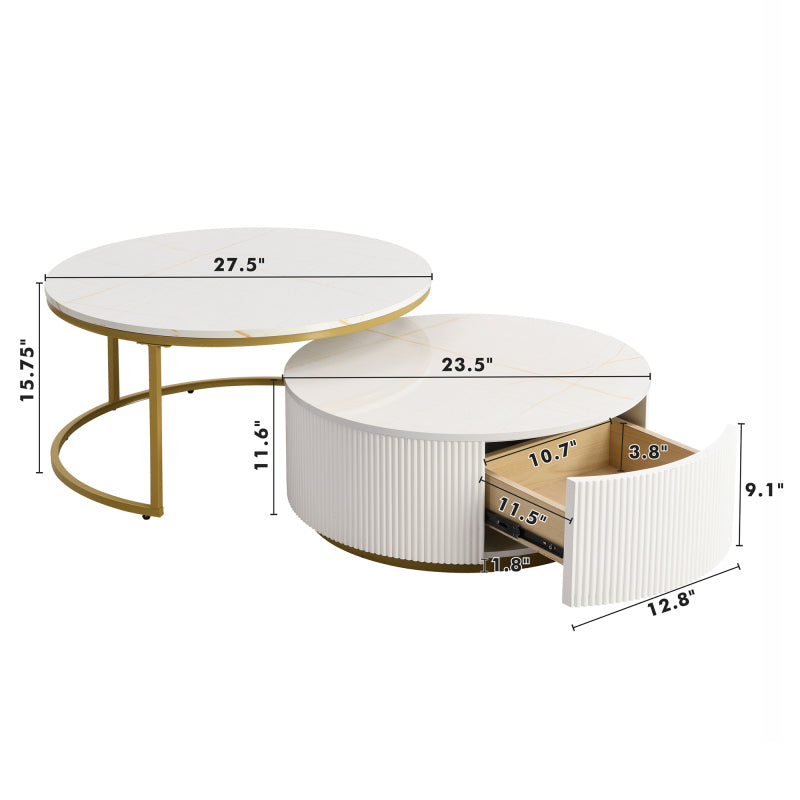 27.6" Round Nesting Coffee Table | Fluted, White & Gold with Drawer