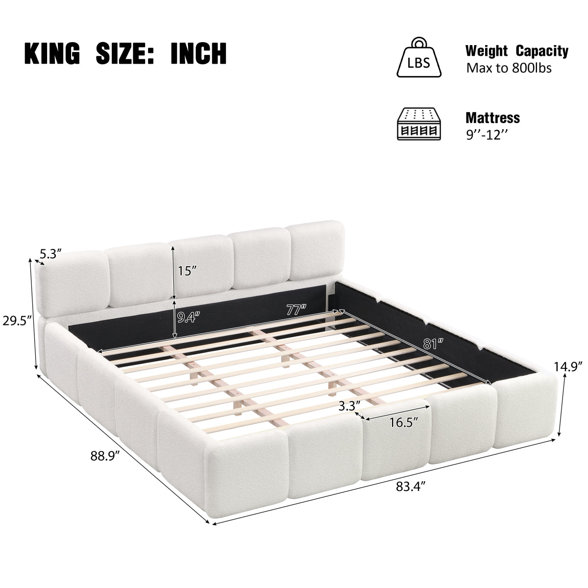 King White Boucle Upholstered Bed | Grounded Block Style