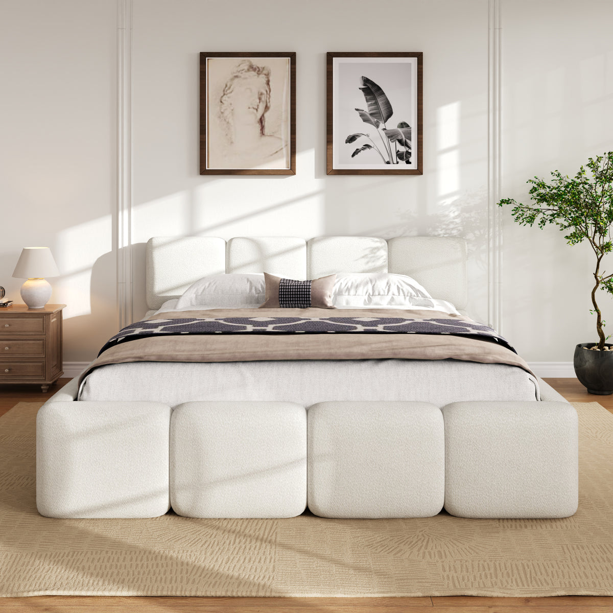 Queen White Boucle Upholstered Bed | Grounded Block Style