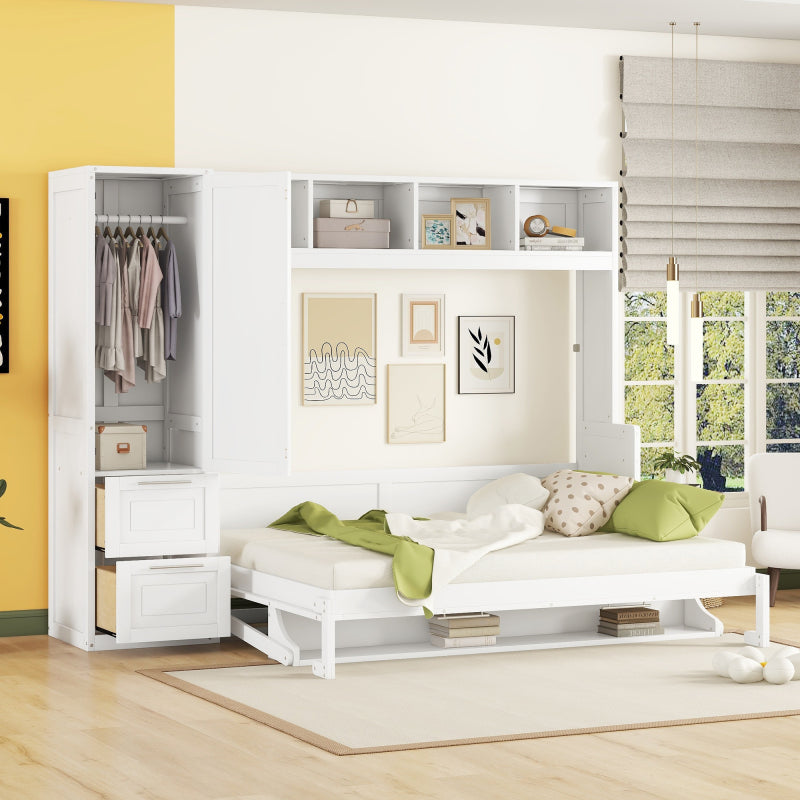 Murphy Bed with Closet & Drawers – Queen Size, White