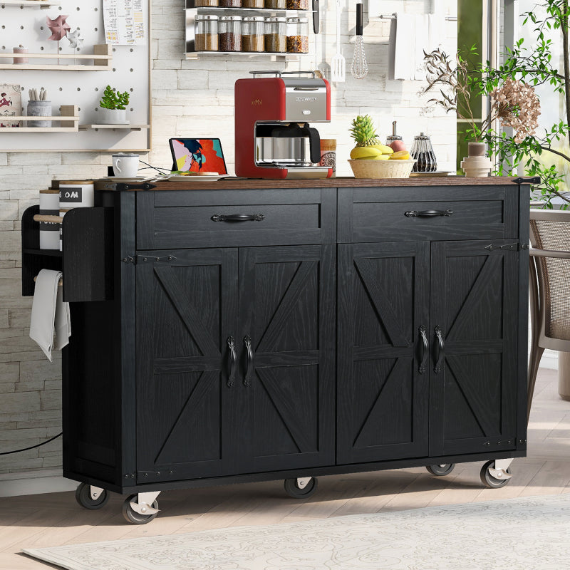 53.5" Farmhouse Kitchen Island with Drop Leaf & Power Outlet