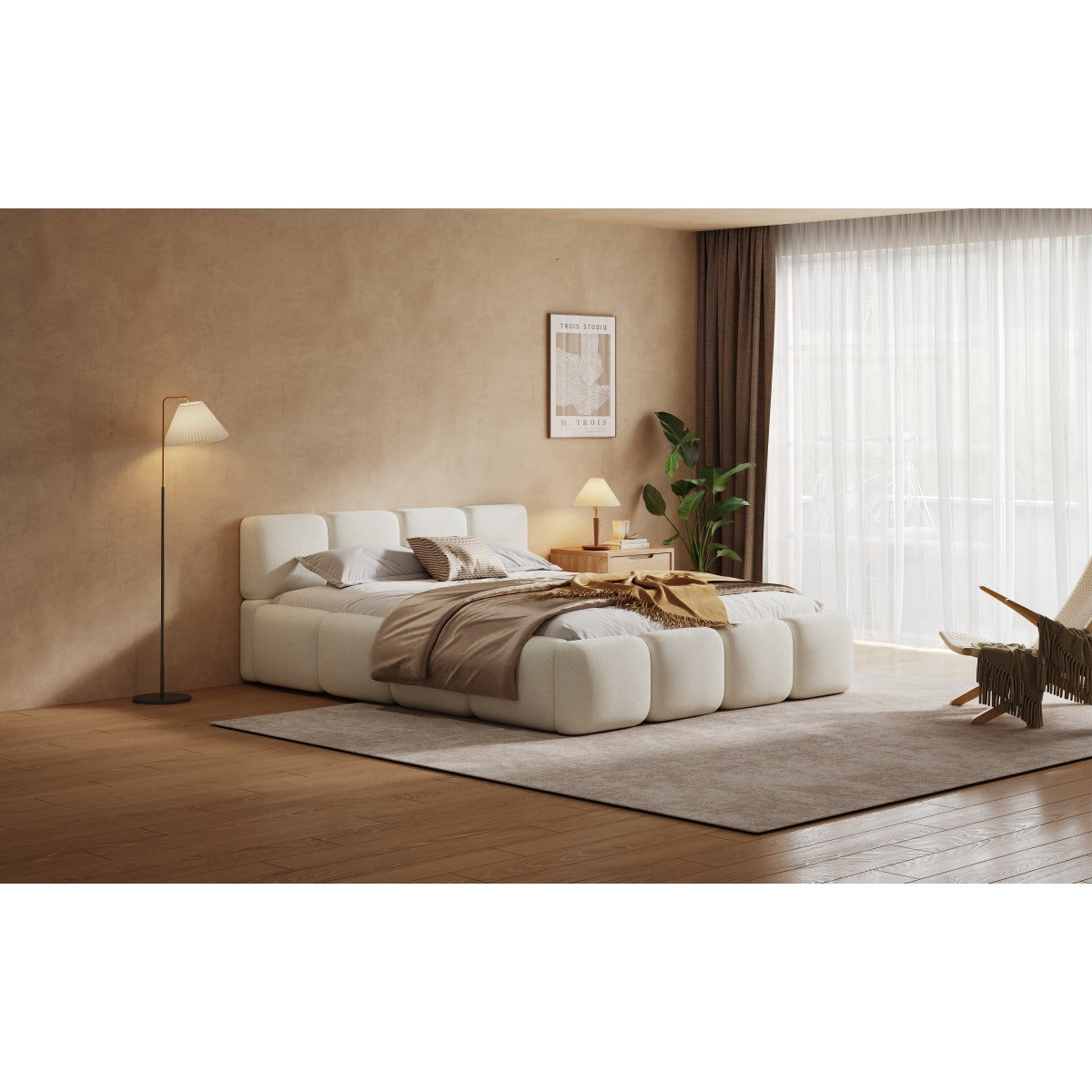 King White Boucle Upholstered Bed | Grounded Block Style