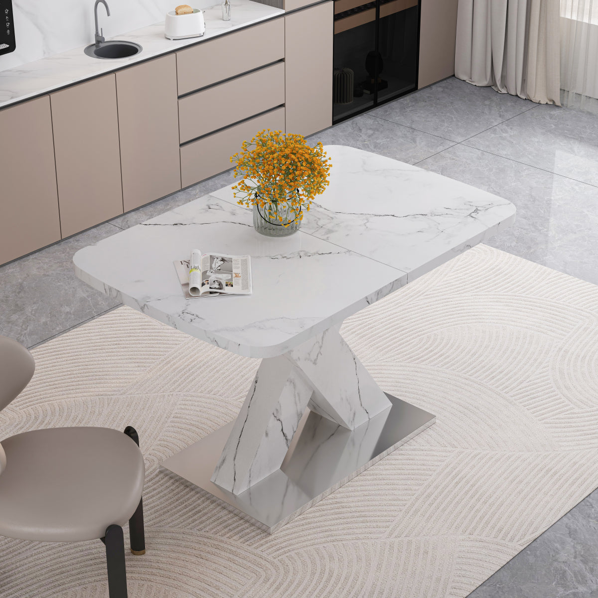 Modern Extendable Dining Table (47"-63") | Marble Top, X-Base