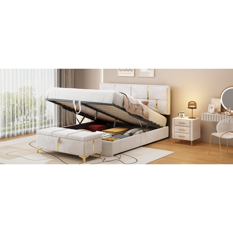 Queen Platform Bed w/ Hydraulic Lift Storage & Matching Ottoman