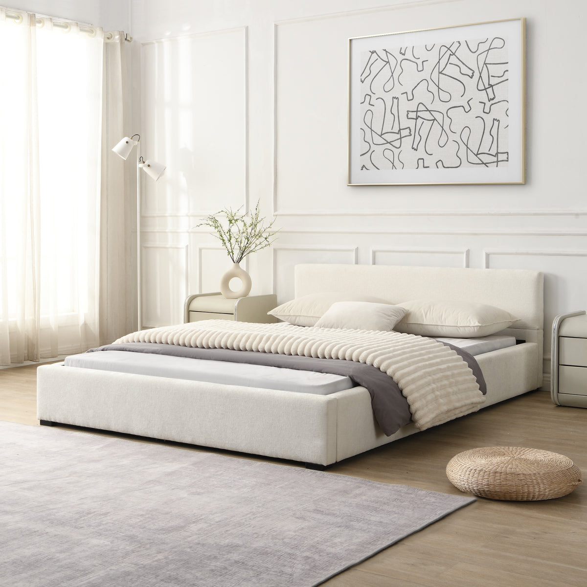 Modern Queen Wide-Edge Bed: Beige Upholstered Platform Bed Frame
