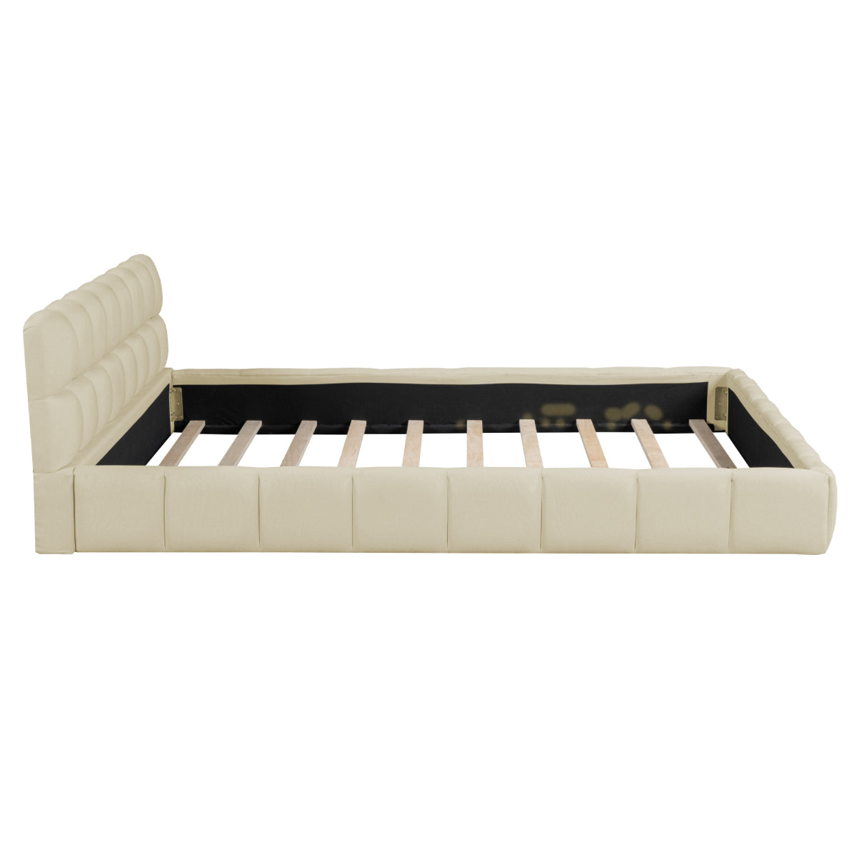Modern Queen Grounded Bed: Beige Thick Fabric Upholstered Platform Bed