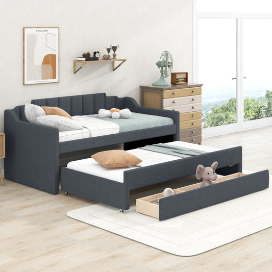 Twin Size Upholstered Daybed with Trundle and Three Drawers,Gray