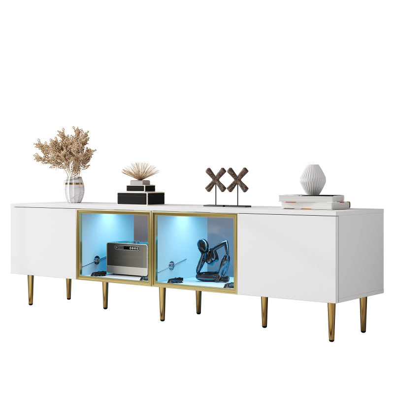 Modern TV Stand with Glass Doors & LED Lights, 67"