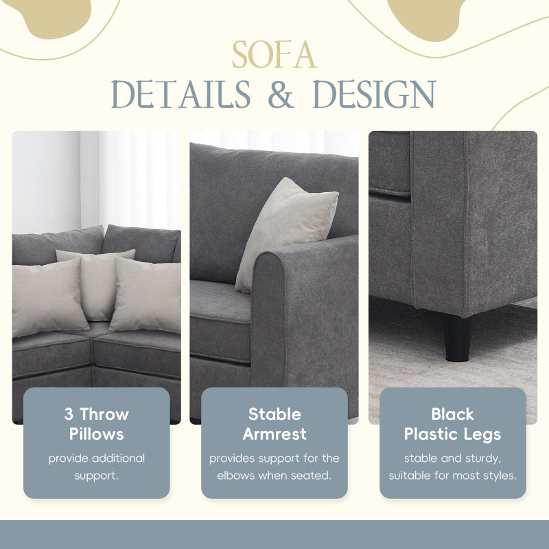 91" Modern L-Shape Sectional Sofa - Upholstered Couch with 3 Pillows