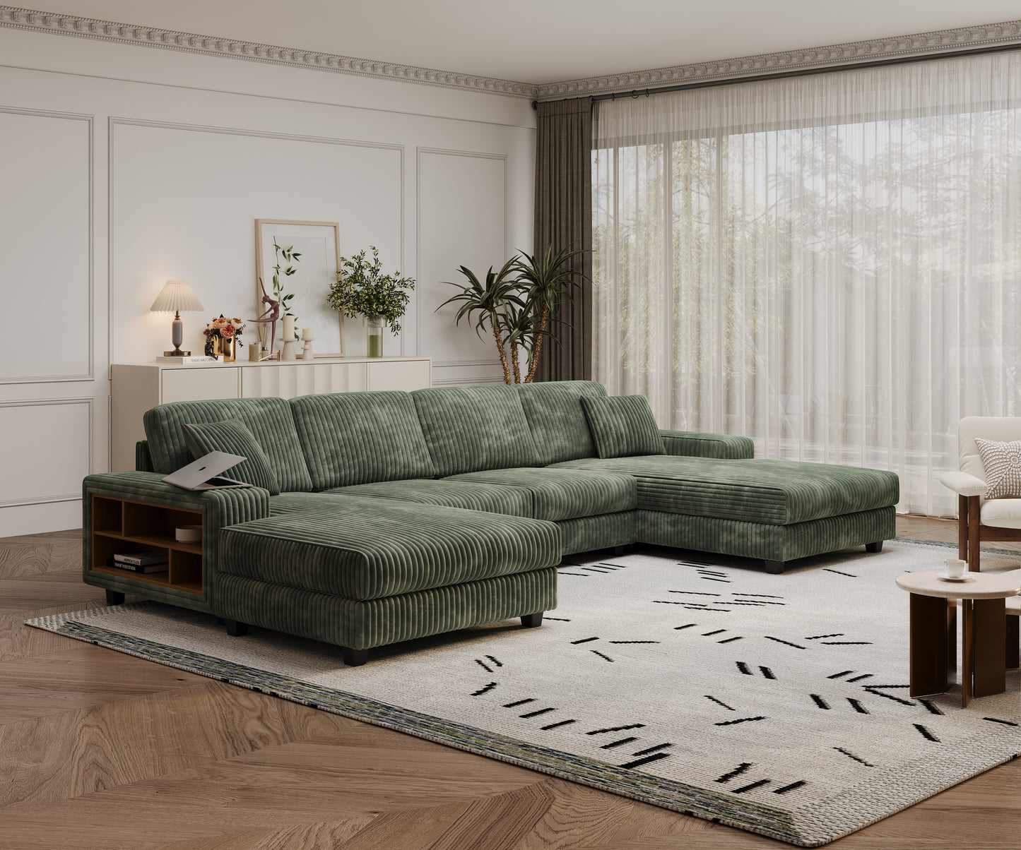U-Shaped 4 Seat Corduroy Sectional Sofa, Green