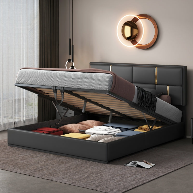 Black Queen 2-Pc Set: Upholstered Hydraulic Storage Bed & Ottoman