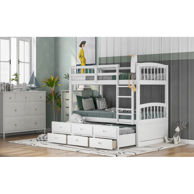 Twin over Twin Wood Bunk Bed with Trundle and Drawers,White