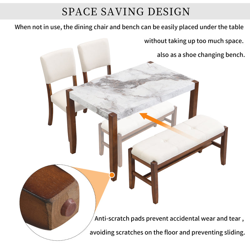4-Piece Modern Dining Set - Faux Marble Table with 2 Chairs & Bench