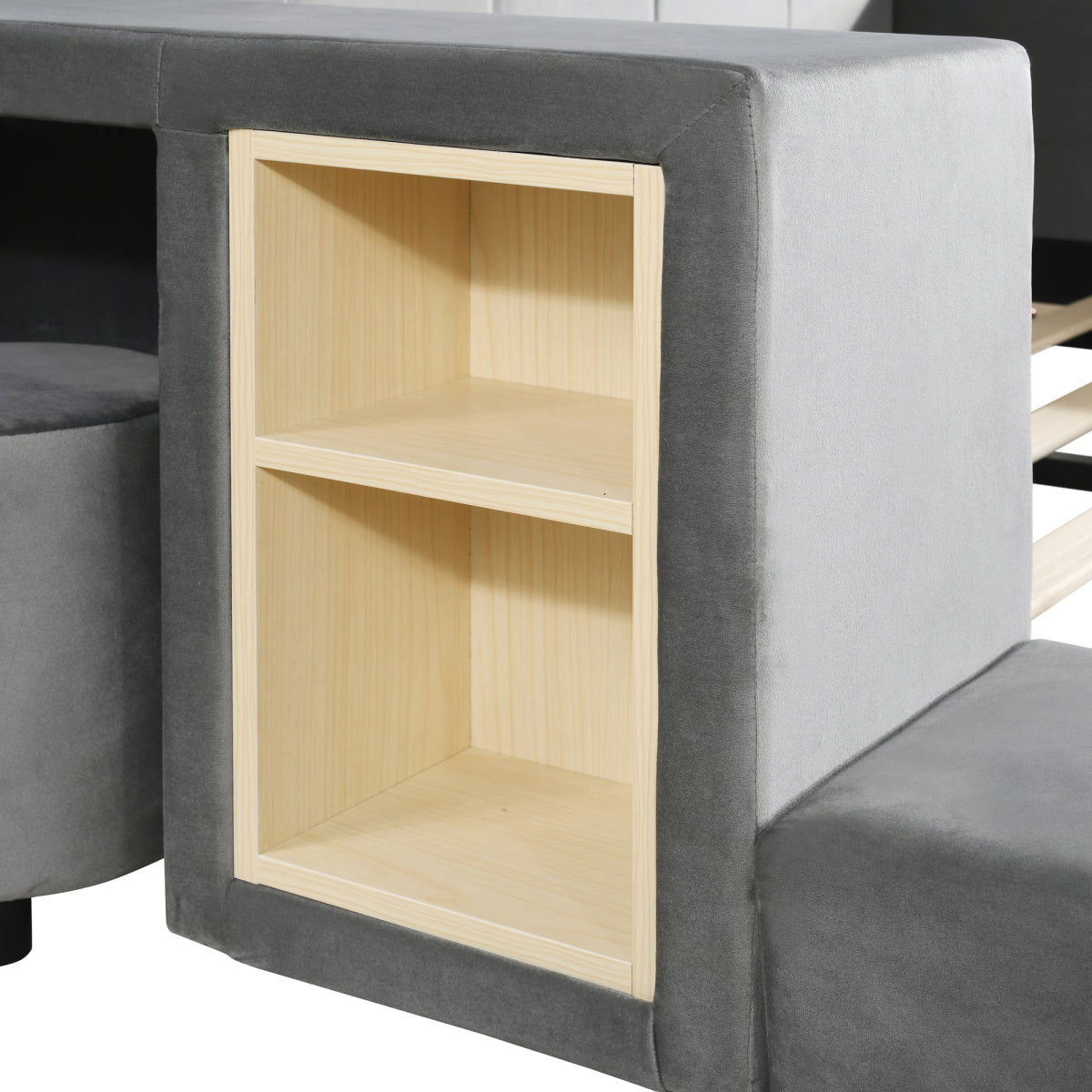 Queen Velvet Grounded Bed with Bedside Desk & Round Stool