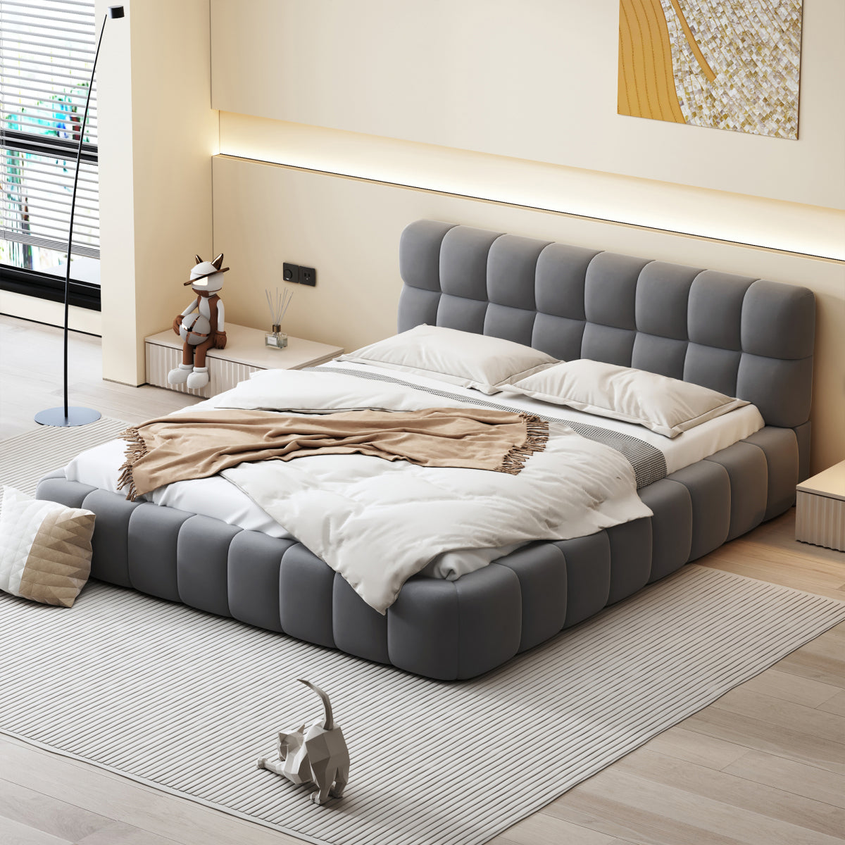 Modern Queen Grounded Bed: Beige Thick Fabric Upholstered Platform Bed