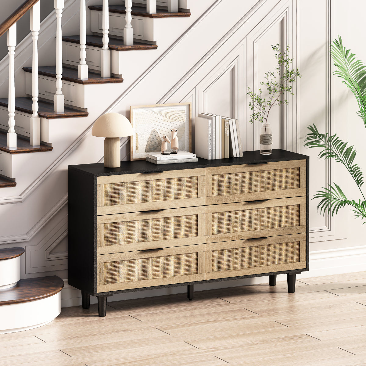 Black Rattan Storage Cabinet (51") | 6 Drawers for Bedroom & Living Room