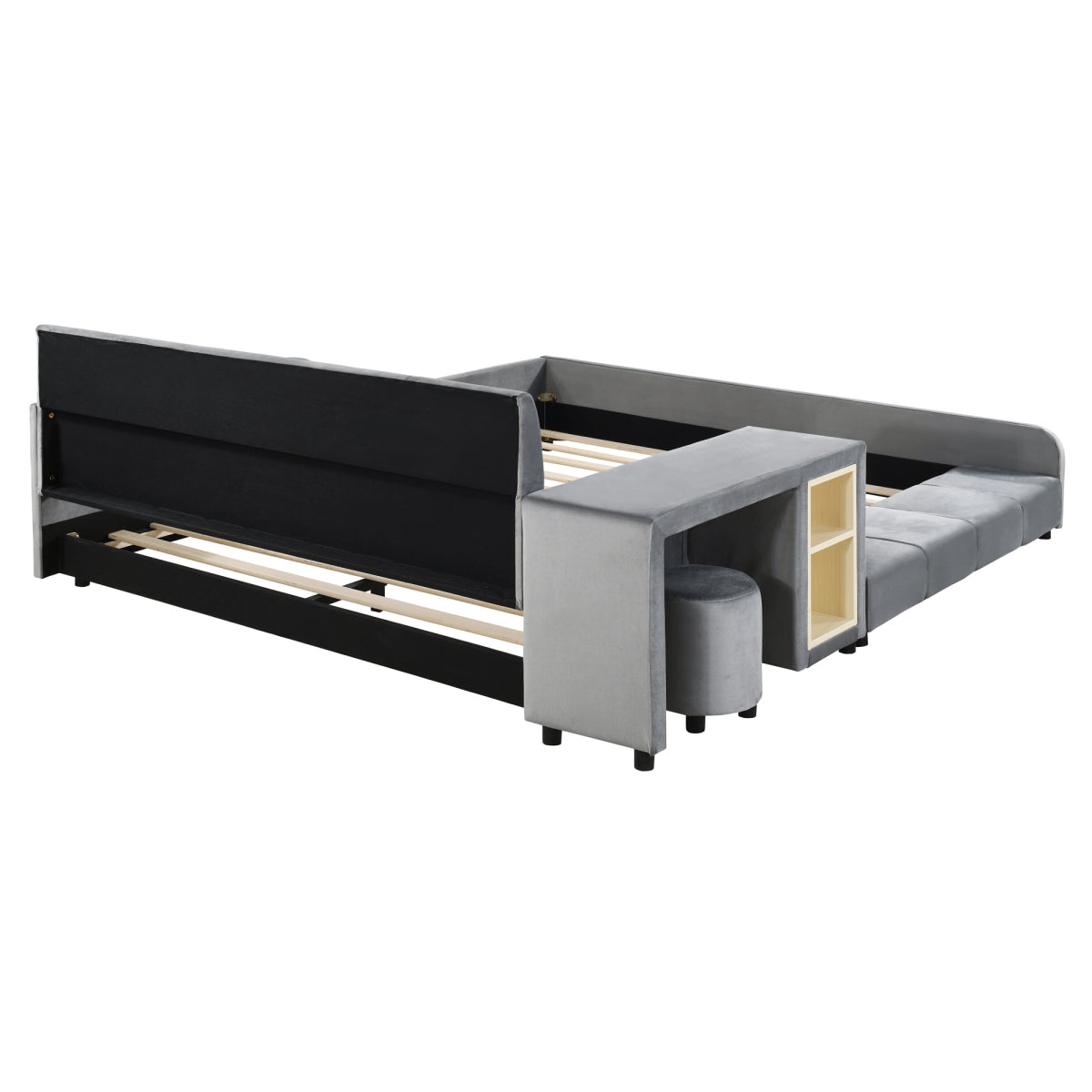 Queen Velvet Grounded Bed with Bedside Desk & Round Stool